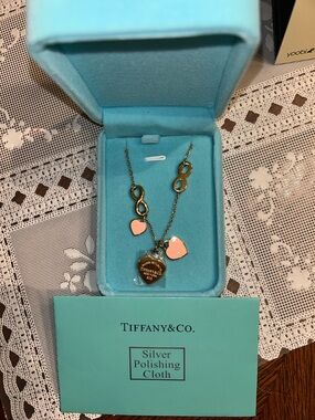 Tiffany & Co. Gold-Tone Necklace with Pink Heart Charms and Signature Tag